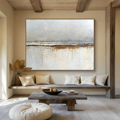 “Textured Gray and Brown Divide” - Gray, brown, white; Textured horizontal divide with drips; Oil Painting On Canvas HB1217