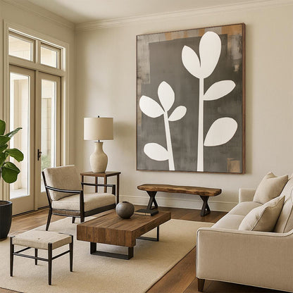 Contemporary abstract artwork featuring gray and white shapes with wooden cut-out flowers offers a striking visual statement for any space. DLZ0792