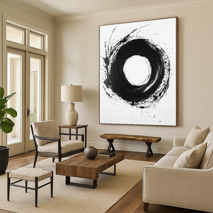 Black, White, Bold Circular Stroke "Ink Moon" Abstract Minimalist Painting On Canvas HB132