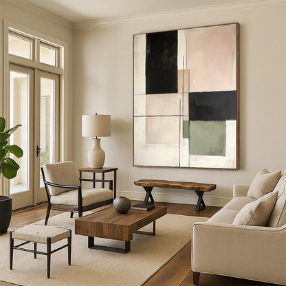 Contemporary hand-painted abstract art featuring minimalist squares and lines in neutral tones of beige black green and white on canvas. DLZ1629