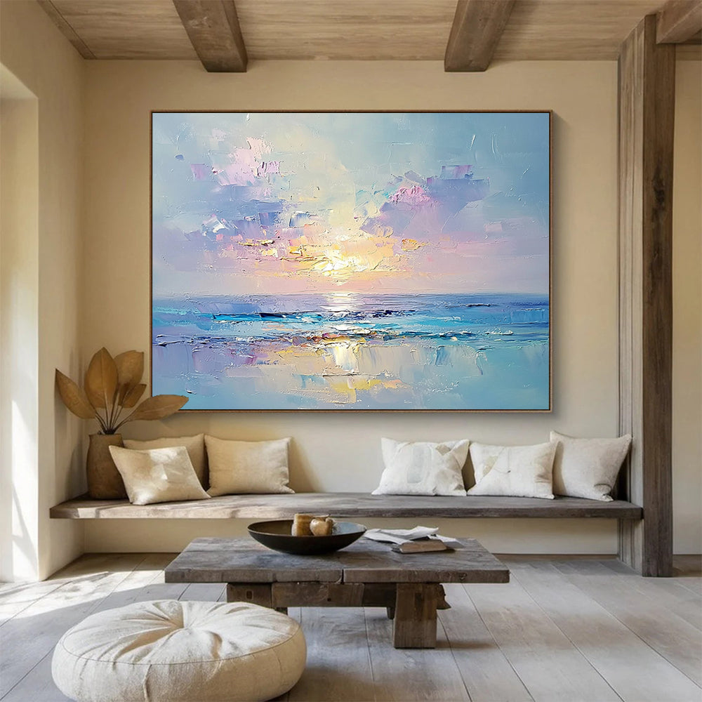 “Pastel Sunset Horizon” - Soft Pinks, Purples, Oranges, Abstract Seascape Sunset - Impasto Oil Painting HB1758