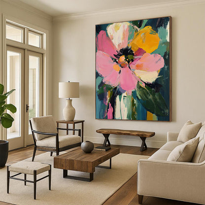 Vibrant contemporary painting featuring oversized pink and yellow flowers, lush dark green leaves, and expressive thick brush strokes. DLZ0381