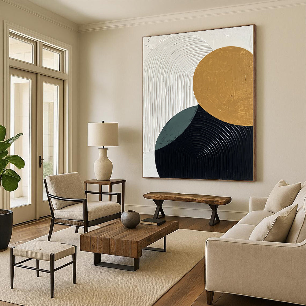 Contemporary hand-painted abstract art featuring minimalist black white and gold elements with textured ovals and curves in soothing beige and green tones. DLZ1353