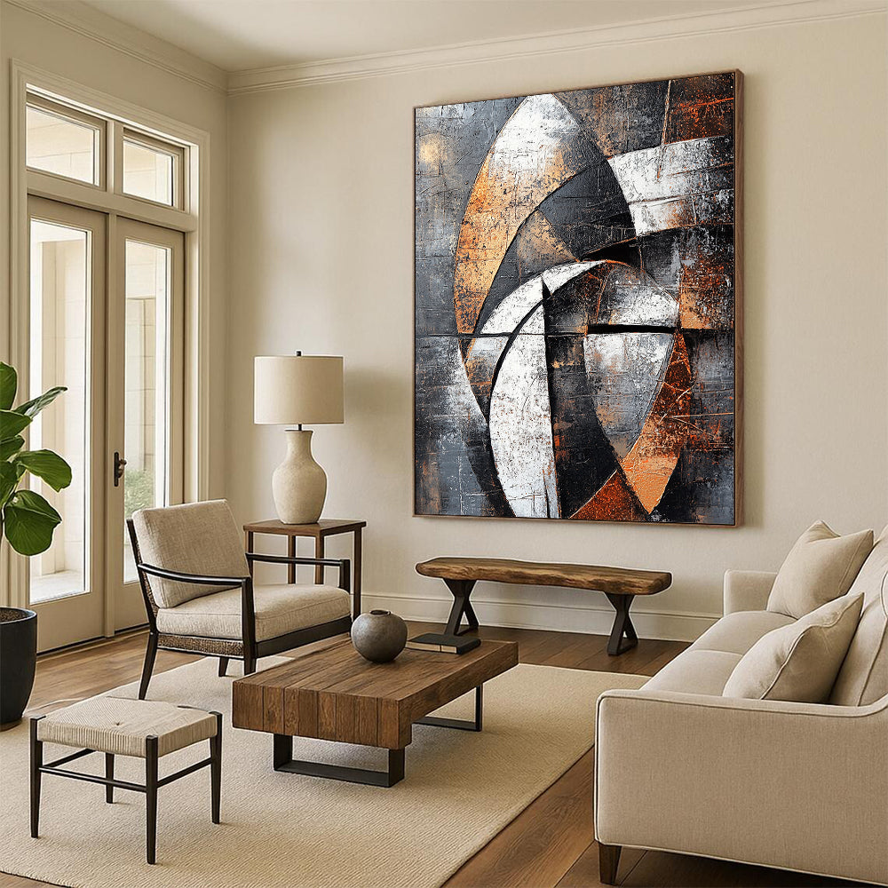Gray, Black, White, Brown, Geometric Arcs "Industrial Rhythm" Abstract Cubist - Inspired Painting On Canvas HB061