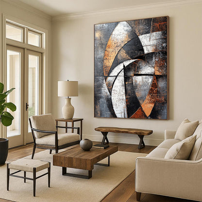 Gray, Black, White, Brown, Geometric Arcs "Industrial Rhythm" Abstract Cubist - Inspired Painting On Canvas HB061