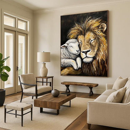 Contemporary abstract painting depicting a lion and lamb in peaceful slumber on a black canvas showcasing harmony and friendship. DLZ1300