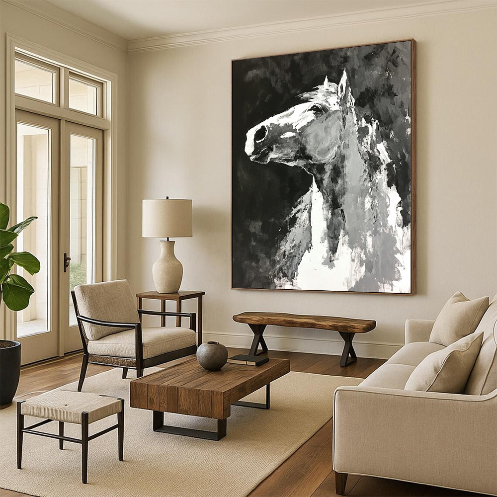 Contemporary abstract painting featuring a horse with monochromatic loose brushwork on a black background creating an expressive minimalistic atmosphere. DLZ0602