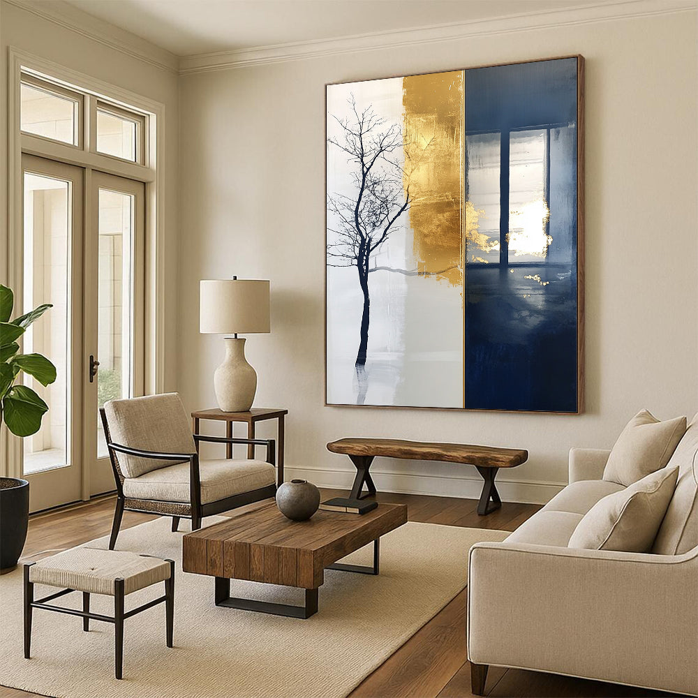 Contemporary large hand-painted abstract artwork features a striking blend of tree motifs and branches against a rich dark blue background. DLZ1509
