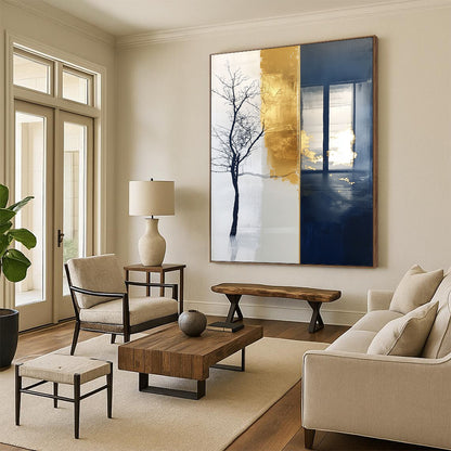 Contemporary large hand-painted abstract artwork features a striking blend of tree motifs and branches against a rich dark blue background. DLZ1509