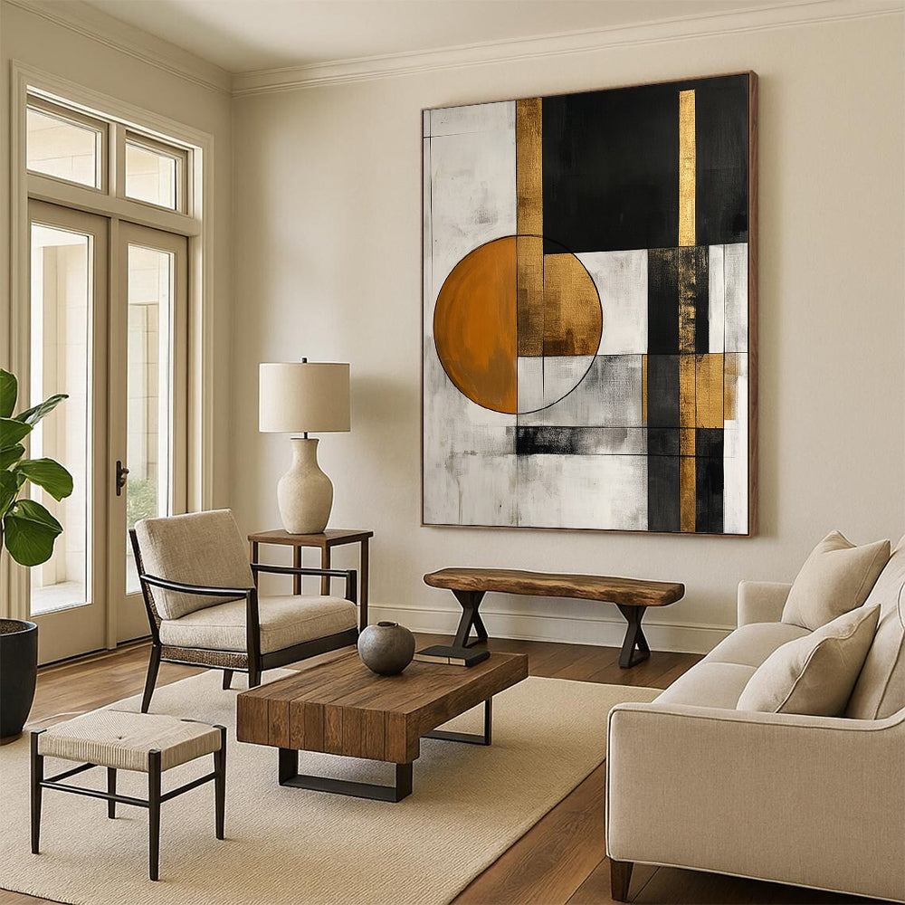 Contemporary abstract painting with white black gray and gold shapes featuring an orange circle and simple forms perfect for modern decor. DLZ0765