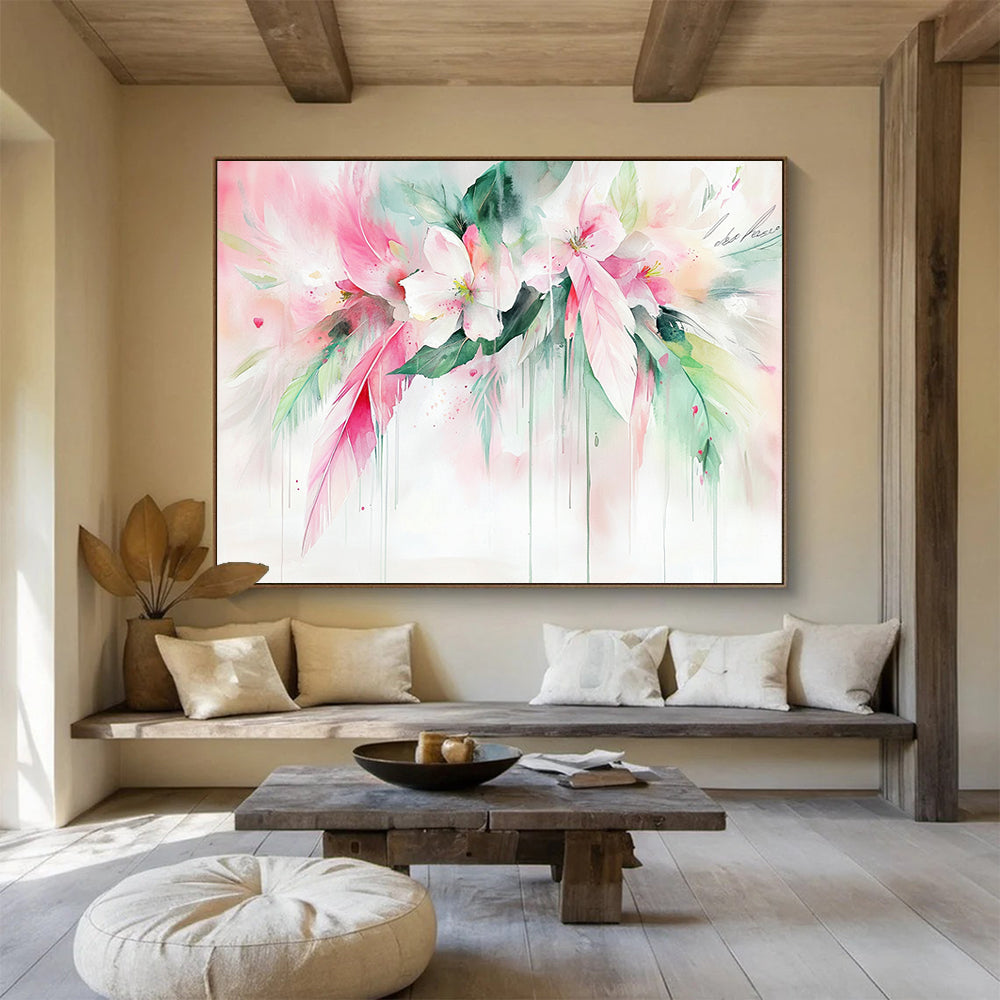 “Dreamy Floral Watercolor with Feathers” - Pink, White, Green, Softly Flowing Flowers and Feathers - Watercolor Painting HB1773