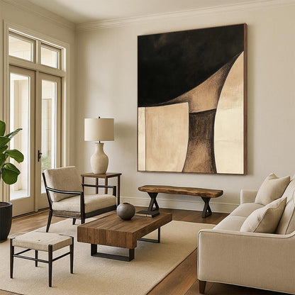 Contemporary hand-painted abstract art features minimalist Japandi style with beige and brown shapes on a black background and soft watercolor washes. DLZ1611