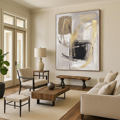 Contemporary abstract artwork featuring bold brush strokes in soft gray and beige with gold accents a minimalistic composition on a white background. DLZ0751