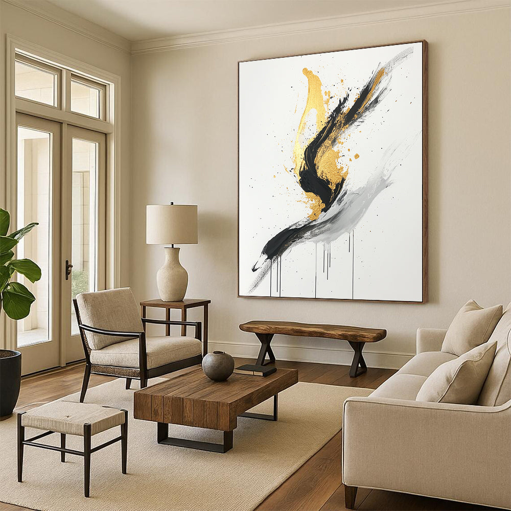 Black, White, Gold, Gray, Dynamic Swirls "Gilded Motion" Abstract Expressionist Painting On Canvas HB095