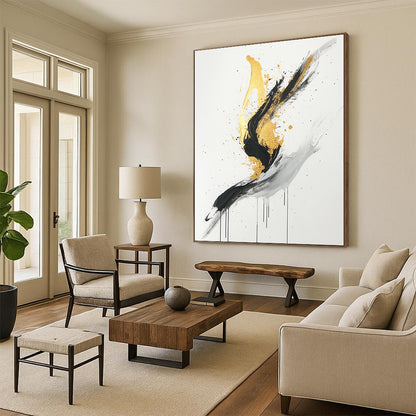 Black, White, Gold, Gray, Dynamic Swirls "Gilded Motion" Abstract Expressionist Painting On Canvas HB095