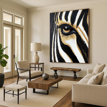 Contemporary hand-painted abstract art featuring a zebra's eye and forehead stripes in black and white with gold highlights against a gradient background. DLZ1217