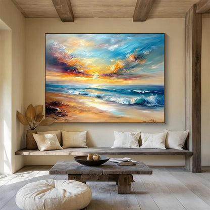 “Vibrant Beach Sunset” - Oranges, Pinks, Blues, Colorful Ocean Sunset - Impasto Oil Painting HB1600