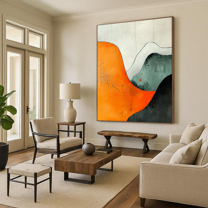 Contemporary hand-painted abstract art featuring orange white grey and black shapes with watercolor splashes on canvas texture in UHD quality. DLZ0803