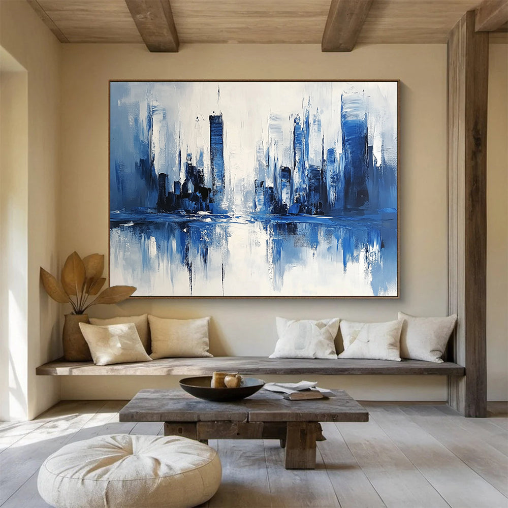 “Blue - White Cityscape Reflection” - Blue, White, Abstract Cityscape with Water Mirroring HB1117