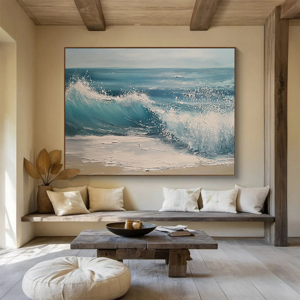 Blue, White and Beige Crashing Wave "Splash of Serenity" Painting On Canvas HB0670