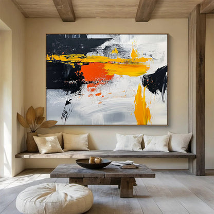 “Vibrant Yellow - Orange - Black Abstract” - Yellow, Orange, Black, Gray, White, Bold Strokes Painting On Canvas HB0812