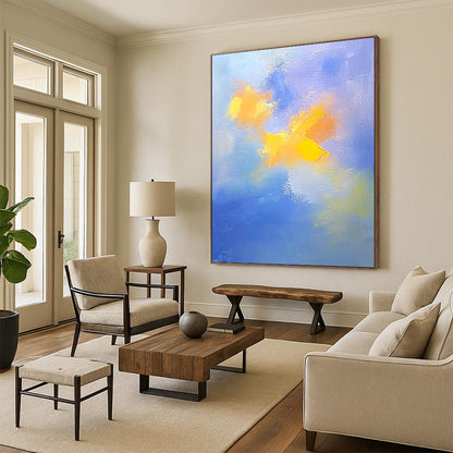 Contemporary abstract painting featuring soft blue and yellow clouds with gentle oil strokes on canvas, inspired by the style of Cuno Amiet. DLZ0354