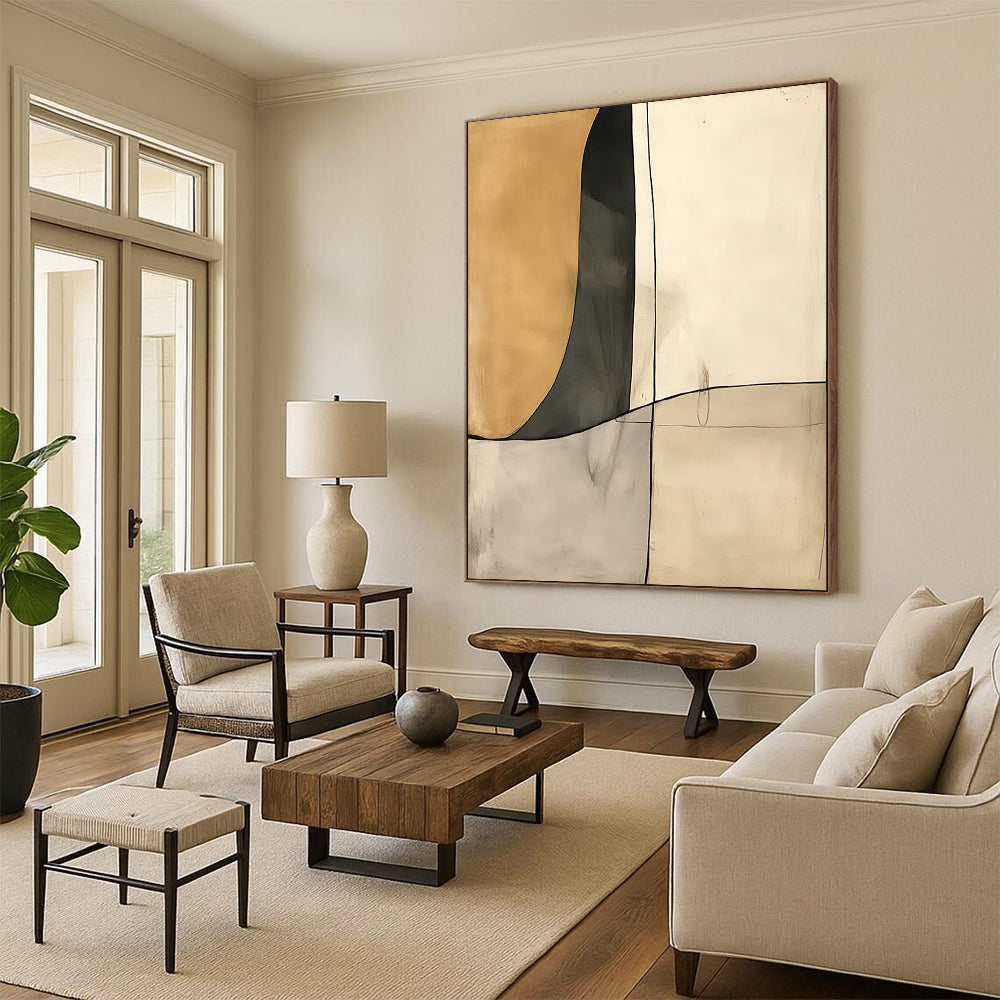 Contemporary hand-painted abstract art featuring deconstructed minimalism in cream and gray tones with negative space and fluid shapes. DLZ1391