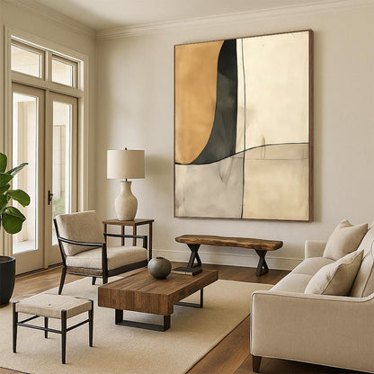 Contemporary hand-painted abstract art featuring deconstructed minimalism in cream and gray tones with negative space and fluid shapes. DLZ1391
