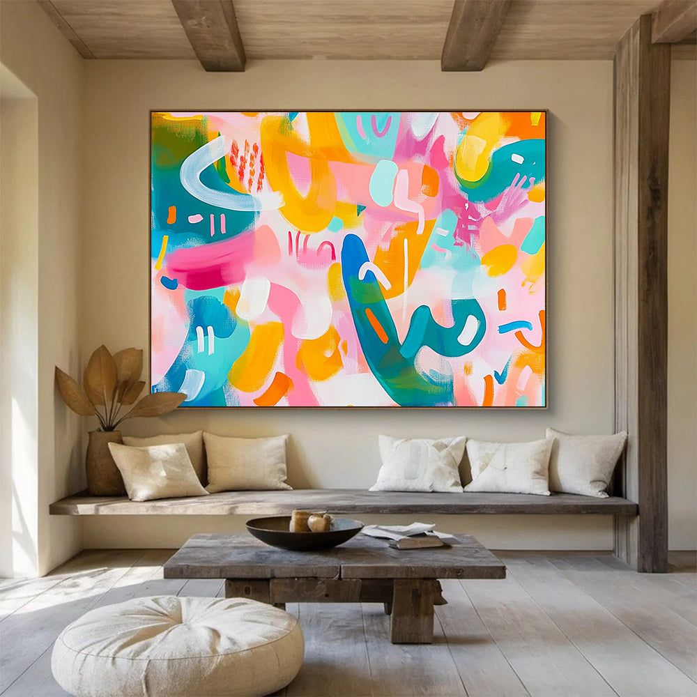 “Pastel Playful Abstract” - Pink, Yellow, Teal, Curved Shapes - Contemporary Acrylic Painting HB1522