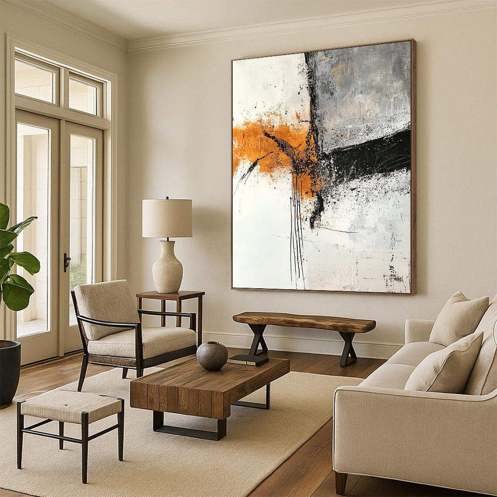 Contemporary abstract artwork featuring textured layers in gray and amber tones with rust orange highlights on a white canvas and expressive black ink lines. DLZ0274