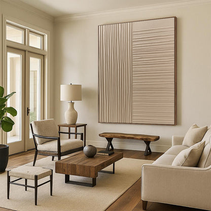 Contemporary hand-painted abstract art features beige wall cladding with smooth textured panels showcasing vertical grooves and flat surfaces for a sophisticated aesthetic. DLZ1532