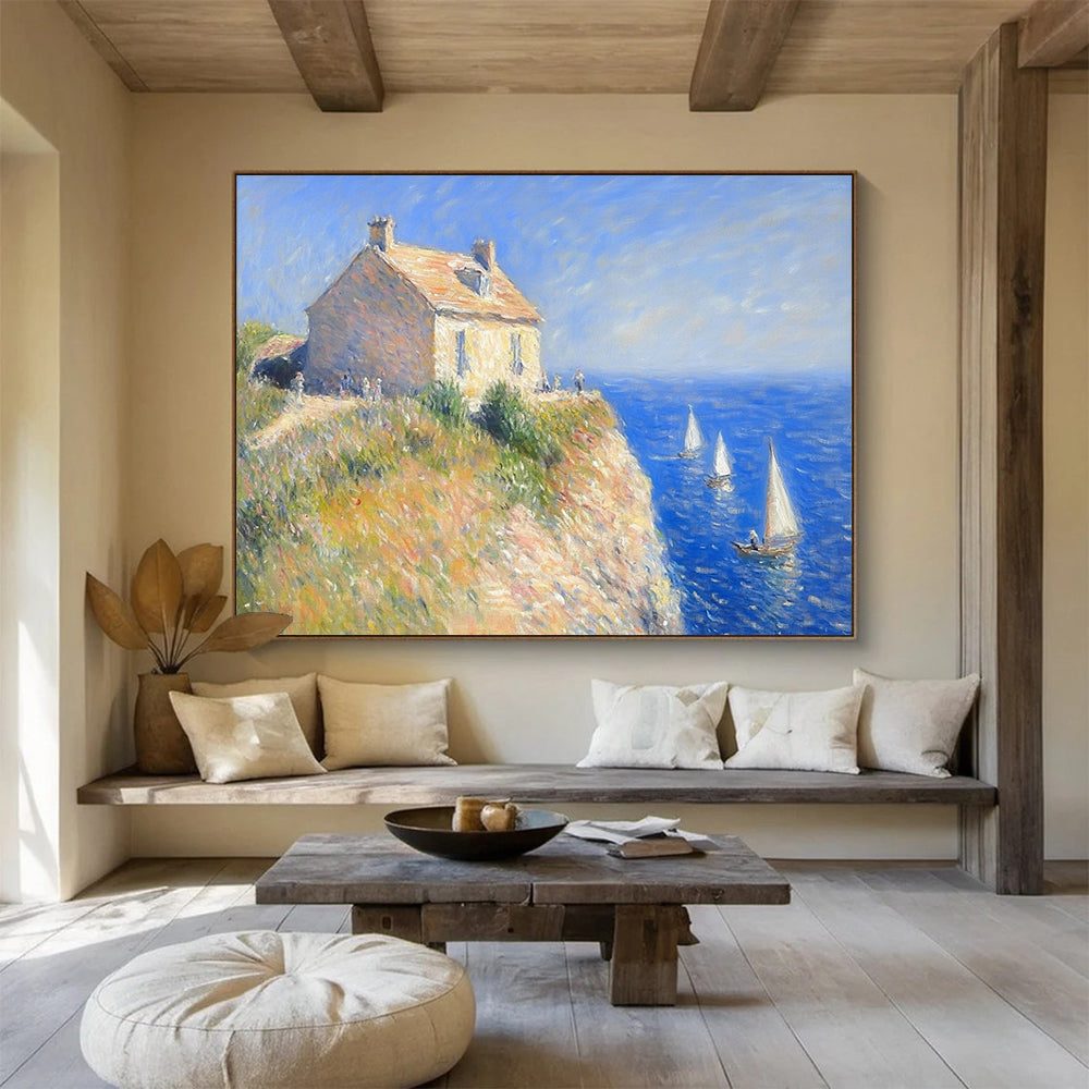 “Claude Monet - Style Seaside” - Blue, beige, seaside house, Impressionist Painting On Canvas HB0563