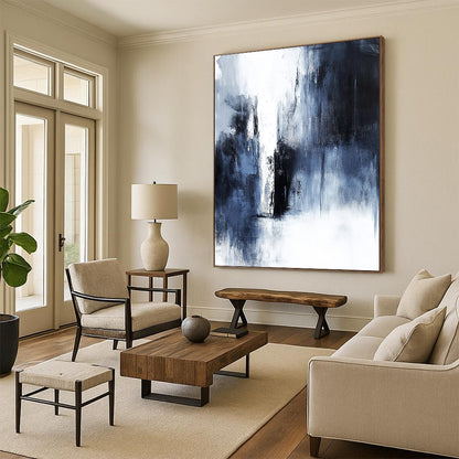 Contemporary abstract painting features dark gray and white tones, minimalist style, heavy textures, and emotional depth, showcasing a distant waterfall. DLZ0704