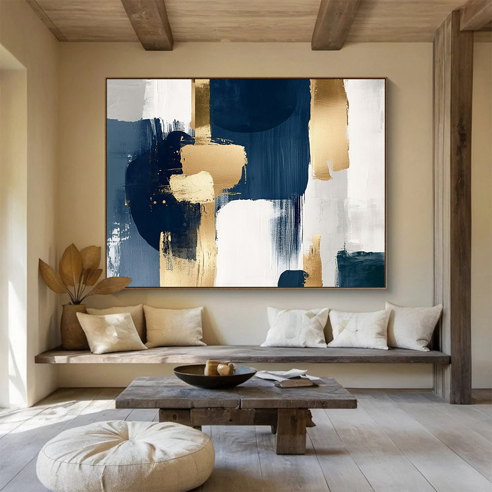 “Navy and Gold Geometric Abstract” - Navy, gray, white, gold; Geometric abstract with gold brushstrokes; Acrylic Painting On Canvas HB1261