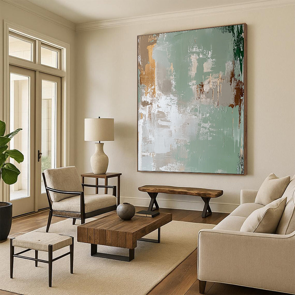 Contemporary hand-painted abstract art featuring a faded distressed background in light green and beige with peeling paint in the style of James Jean. DLZ1257