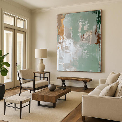 Contemporary hand-painted abstract art featuring a faded distressed background in light green and beige with peeling paint in the style of James Jean. DLZ1257