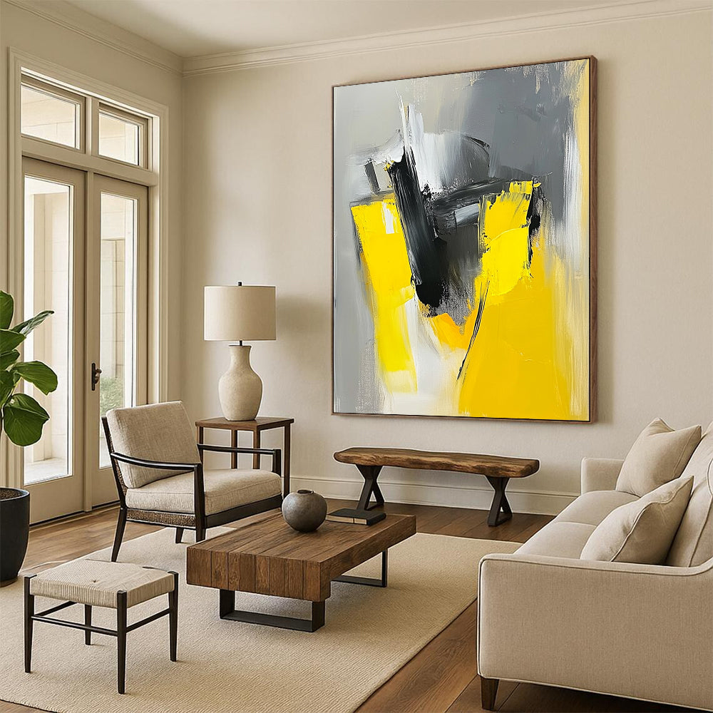 Large contemporary hand-painted abstract artwork featuring loose brush strokes in a striking gray and yellow color palette. DLZ0863