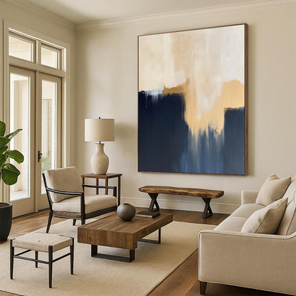 Contemporary hand-painted abstract artwork showcases minimalistic dark blue navy and beige hues with striking gold accents. DLZ0884