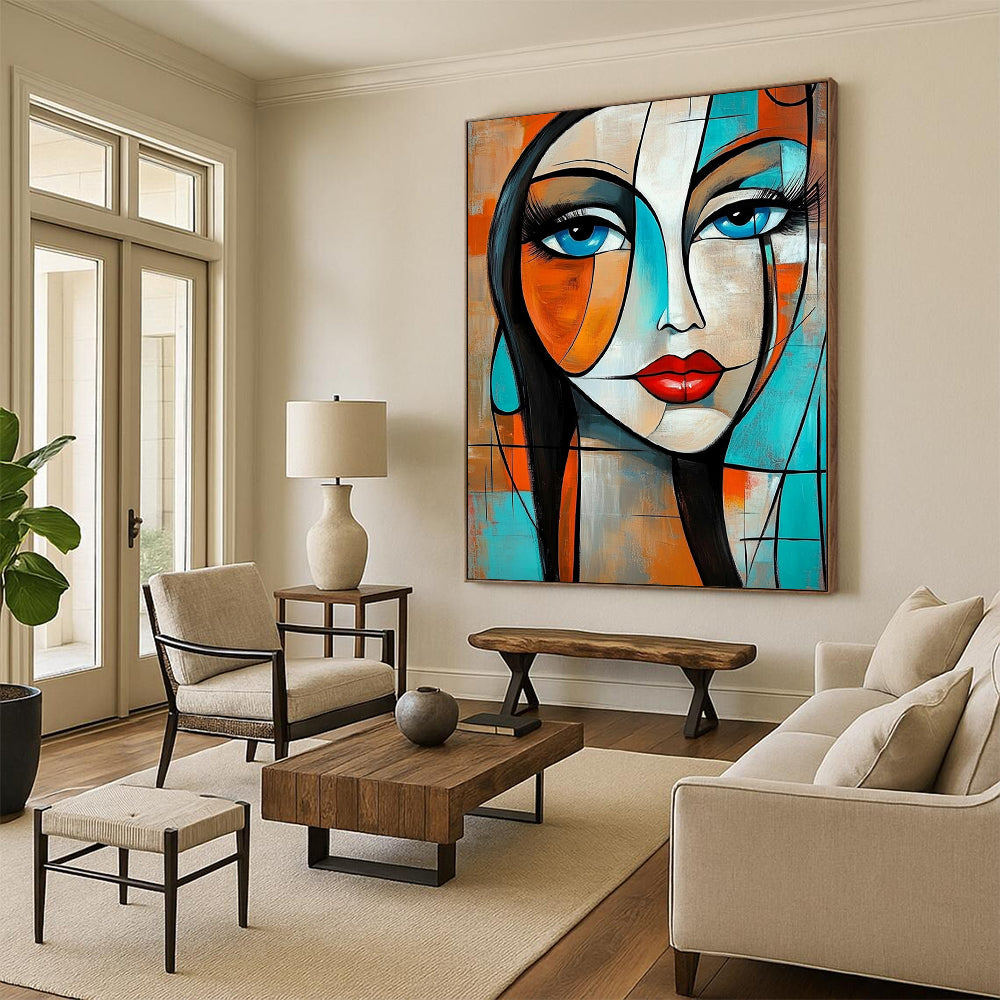 Contemporary abstract painting featuring a woman with geometric shapes and flowing hair in vibrant orange and turquoise tones. DLZ0785