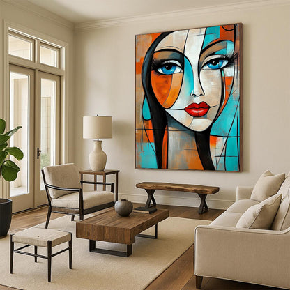 Contemporary abstract painting featuring a woman with geometric shapes and flowing hair in vibrant orange and turquoise tones. DLZ0785