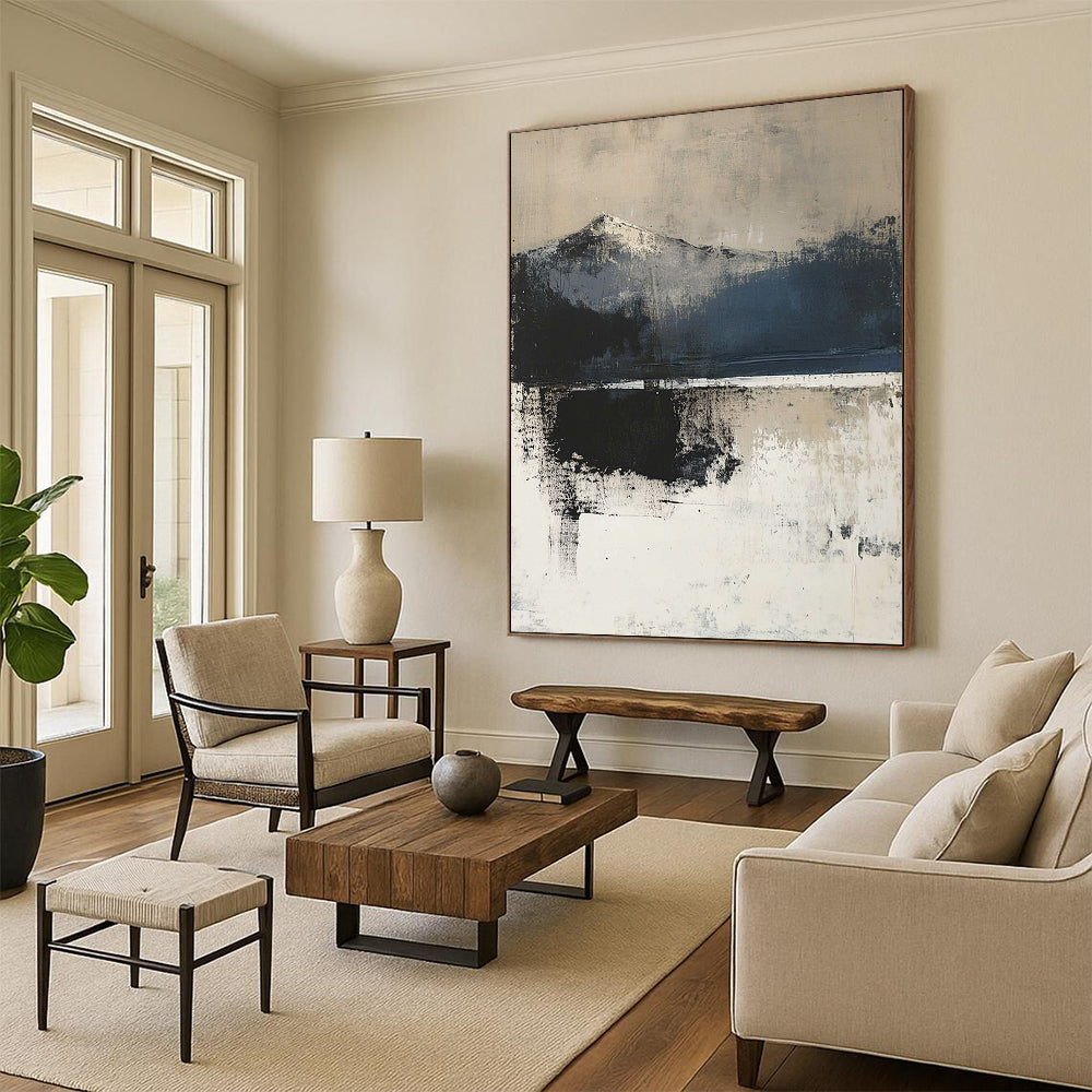 Contemporary hand-painted abstract art showcasing textured layers depicting the land-sea horizon in moody neutral tones for a tranquil ambiance. DLZ1042