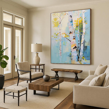 Contemporary hand-painted abstract art featuring birch trees with pastel hues expressing nature's beauty through soft brushstrokes and atmospheric light effects. DLZ1104