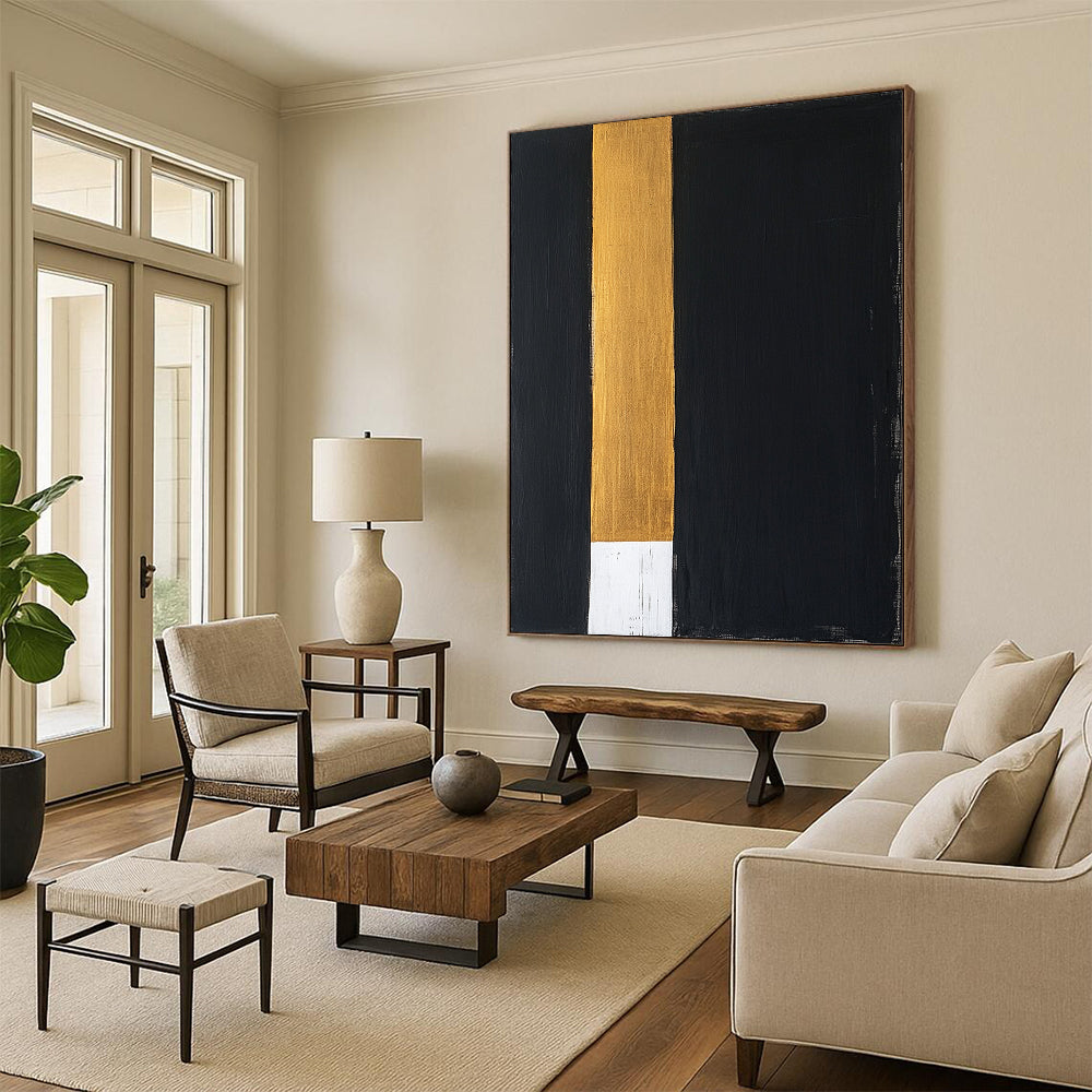Black, Gold, White, Vertical Stripes "Elegant Divide" Abstract Modernist Painting On Canvas HB113