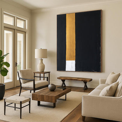 Black, Gold, White, Vertical Stripes "Elegant Divide" Abstract Modernist Painting On Canvas HB113