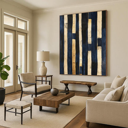 Navy Blue, Beige, Gold, Vertical Stripes "Coastal Rhythm" Abstract Nautical - Inspired Painting On Canvas HB043