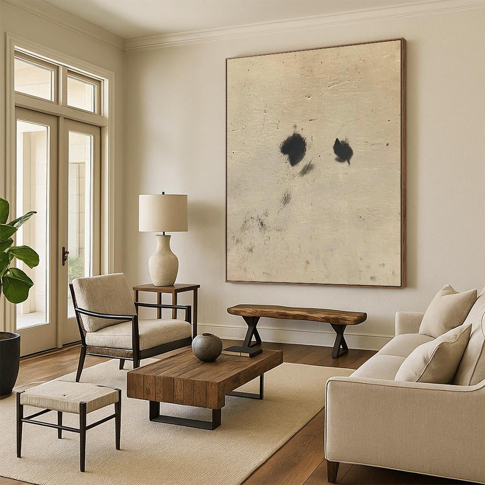 Contemporary abstract art featuring intertwined black spots on white fur against a soft beige background, inspired by Cuno Amiet’s unique style. DLZ1200