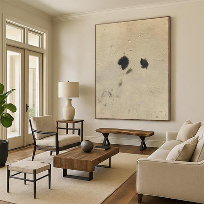 Contemporary abstract art featuring intertwined black spots on white fur against a soft beige background, inspired by Cuno Amiet’s unique style. DLZ1200