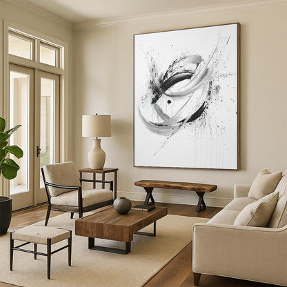 Black, White and Gray Dynamic Swirl "Hybrid Energy" Painting On Canvas HB290