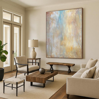 Contemporary abstract artwork features muted earth tones with soft textures and large brush strokes on wood for a stunning visual impact. DLZ0900