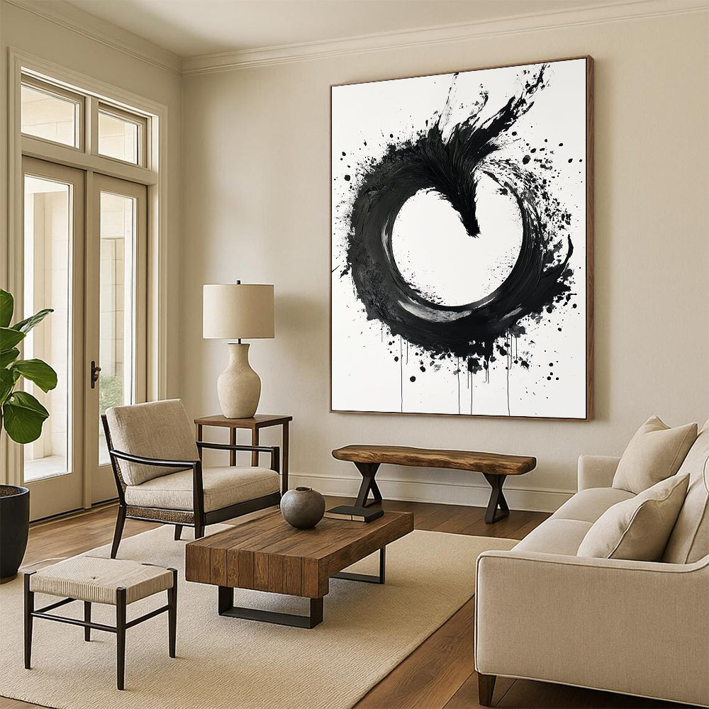 Black, White, Phoenix - Like Ink Swirl "Ink Phoenix Ascent" Abstract Expressionist Painting On Canvas HB137